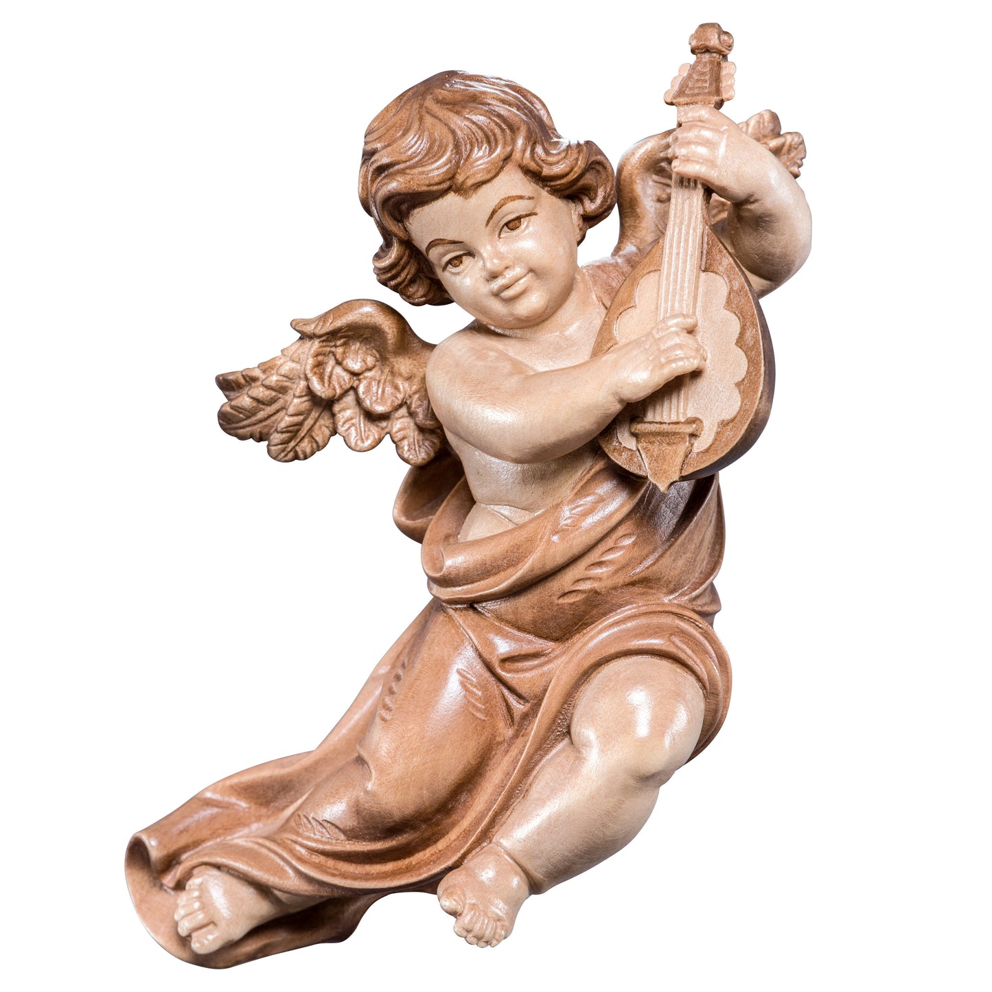 Mondo Cattolico Glossy / 11 cm (4.3 in) Wooden statue of Marian cherub with mandolin