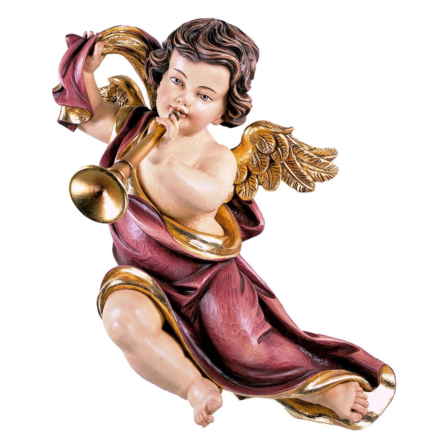 Mondo Cattolico Colored / 11 cm (4.3 in) Wooden statue of Marian cherub with trombone