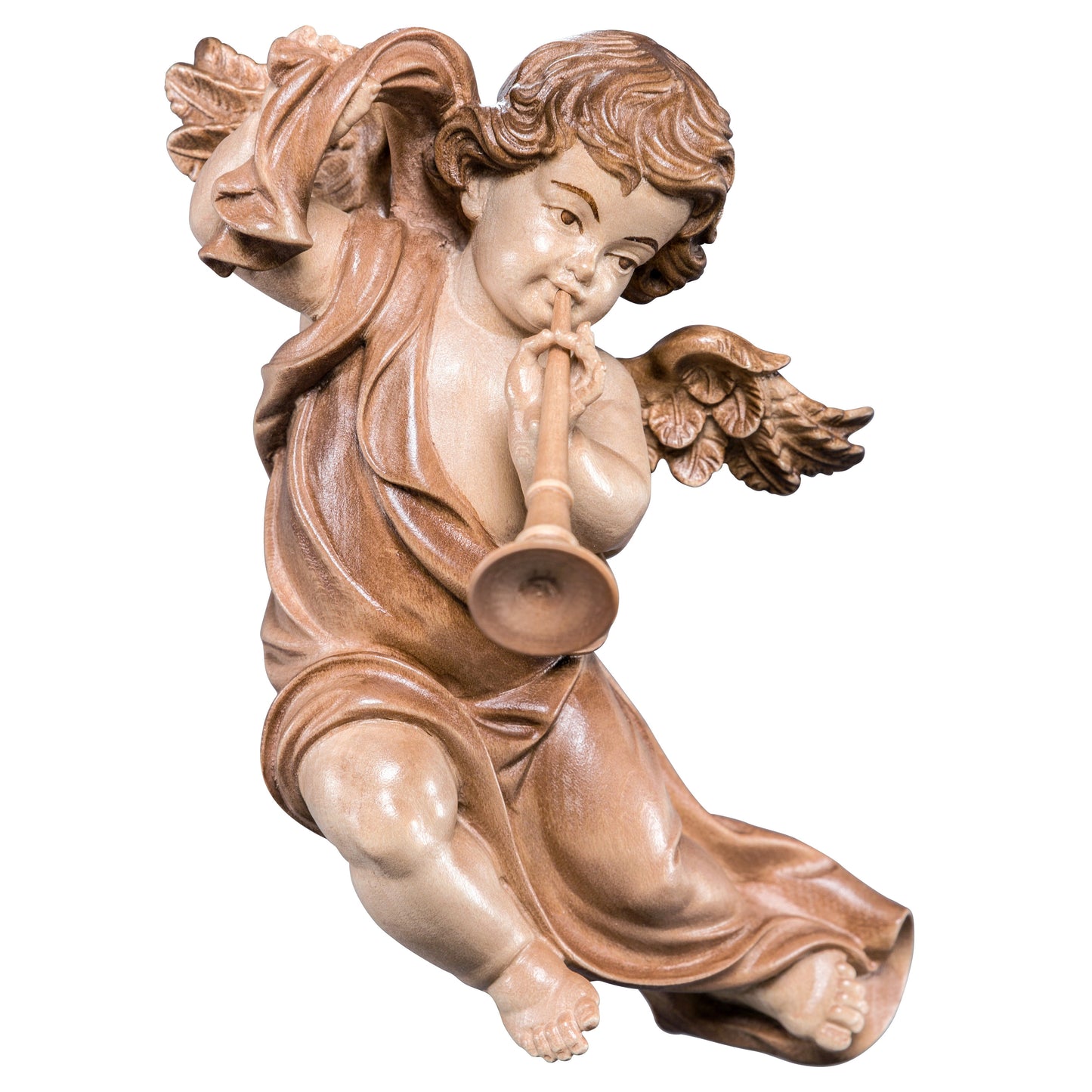 Mondo Cattolico Glossy / 11 cm (4.3 in) Wooden statue of Marian cherub with trombone