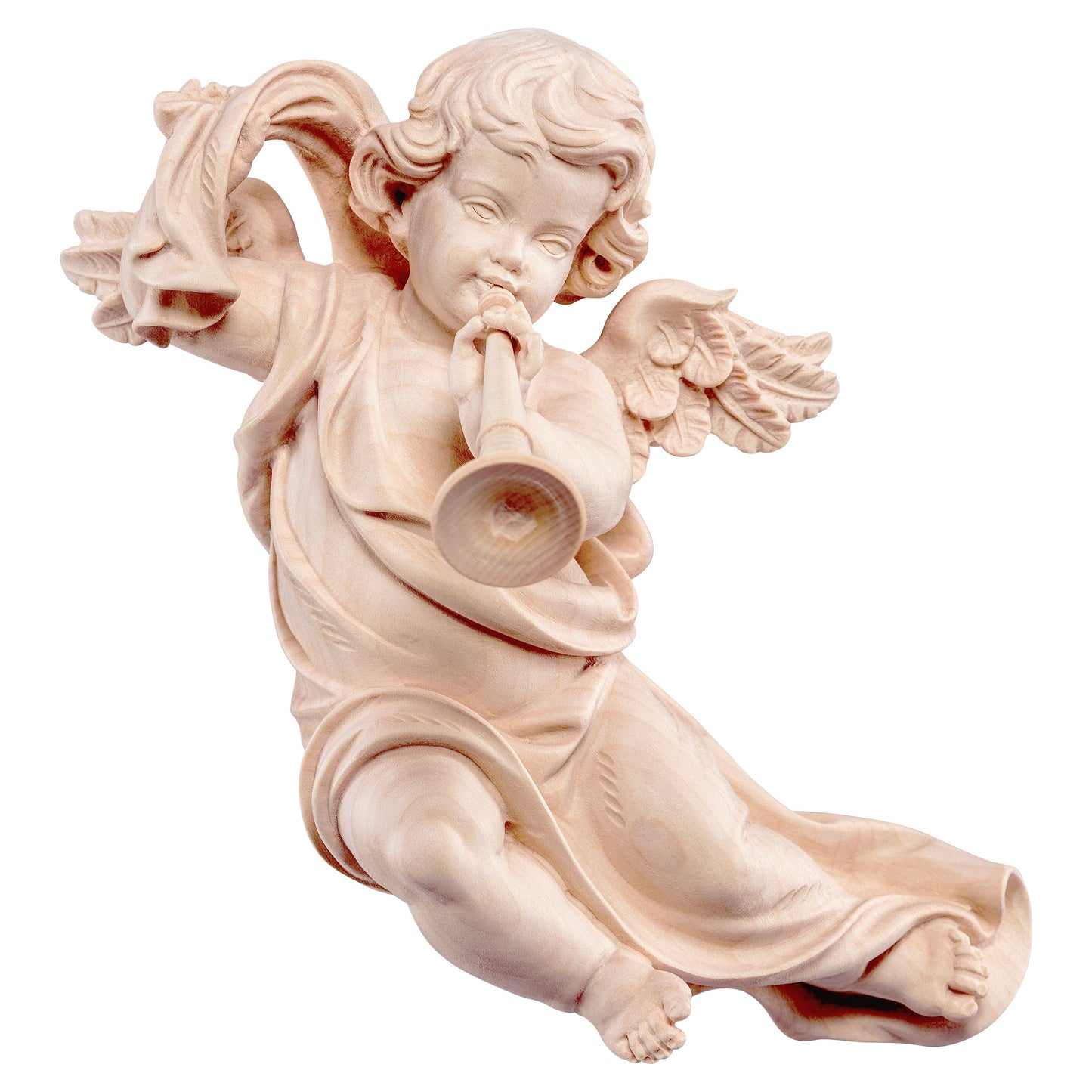 Mondo Cattolico Natural / 11 cm (4.3 in) Wooden statue of Marian cherub with trombone