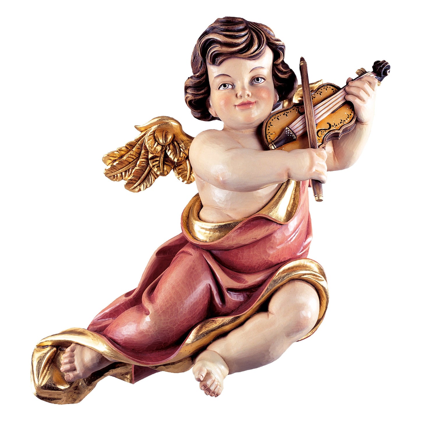 Mondo Cattolico Colored / 11 cm (4.3 in) Wooden statue of Marian cherub with violin