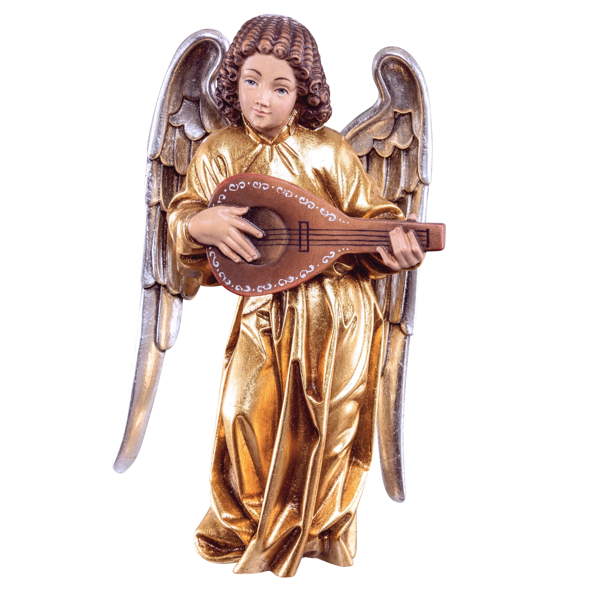 Mondo Cattolico Colored / 17 cm (6.7 in) Wooden statue of Pacher - angel with mandolin