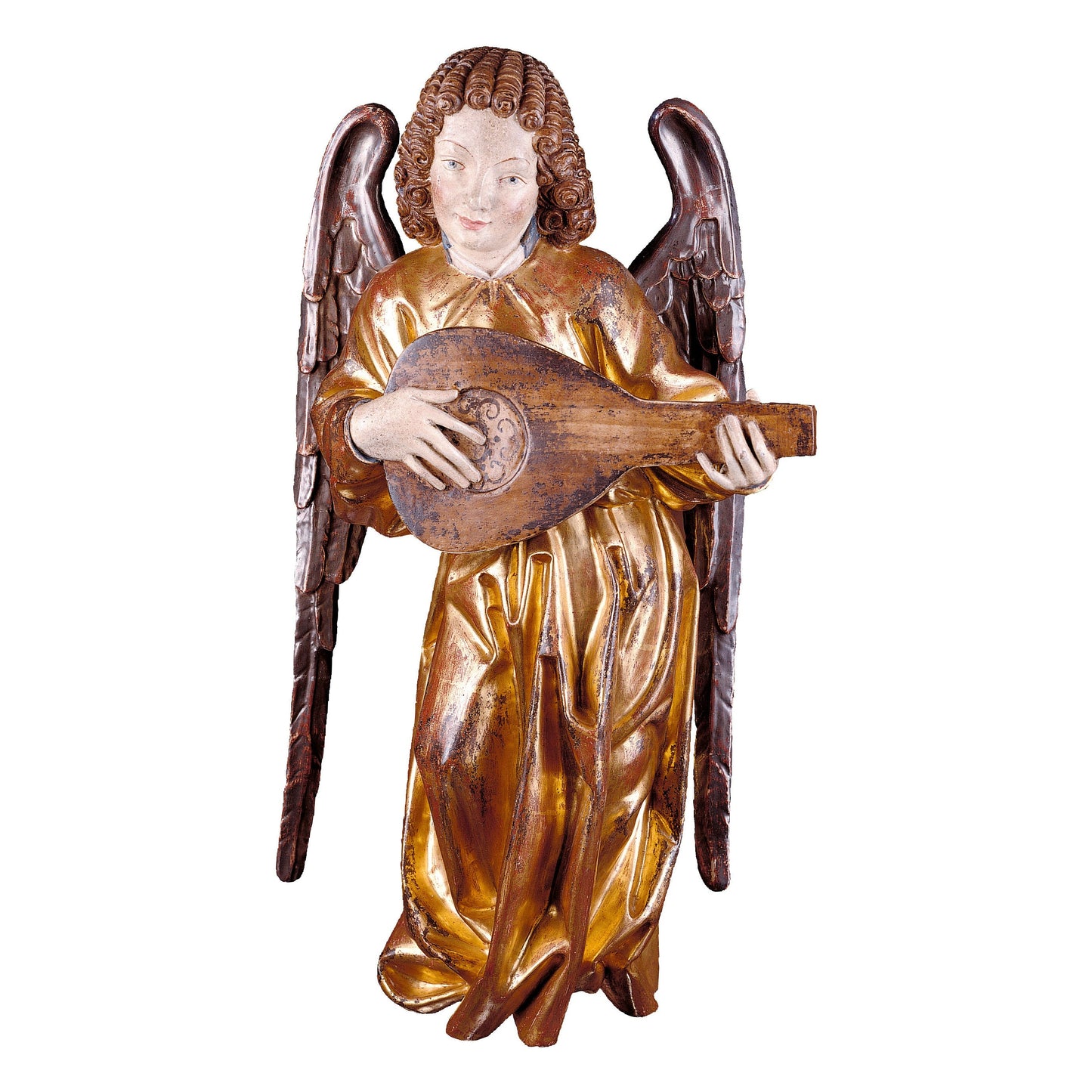 Mondo Cattolico Golden / 17 cm (6.7 in) Wooden statue of Pacher - angel with mandolin