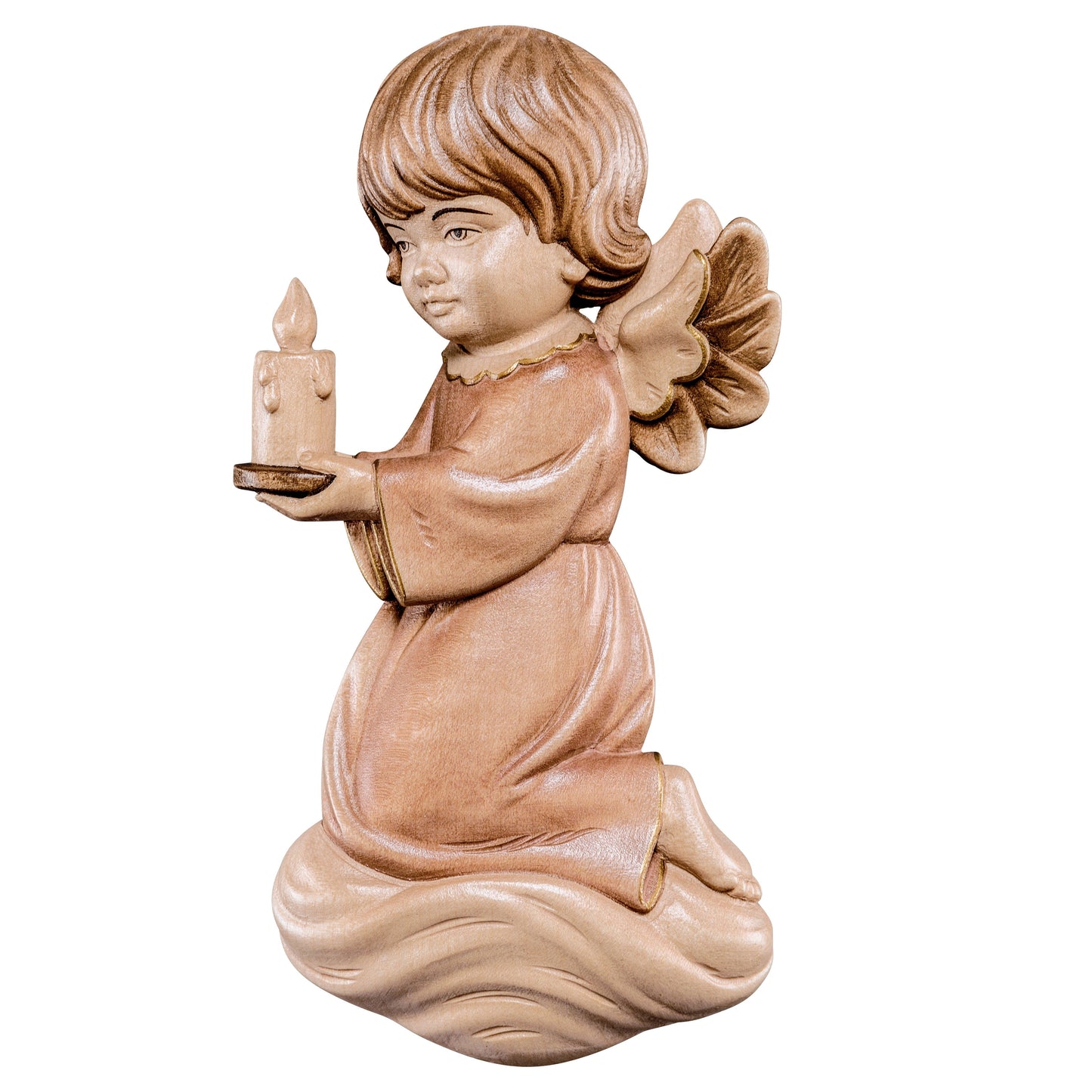 Mondo Cattolico Glossy / 17 cm (6.7 in) Wooden statue of Pitti - angel with candle