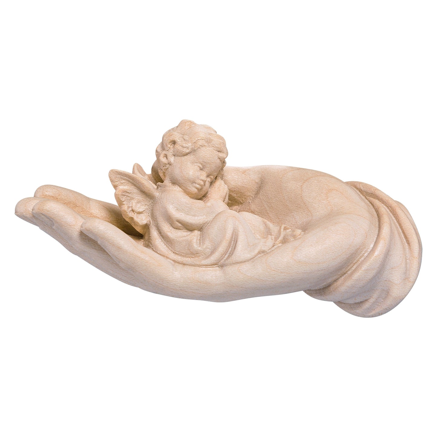 Mondo Cattolico Natural / 15 cm (5.9 in) Wooden statue of Protecting hand lying with angel blue