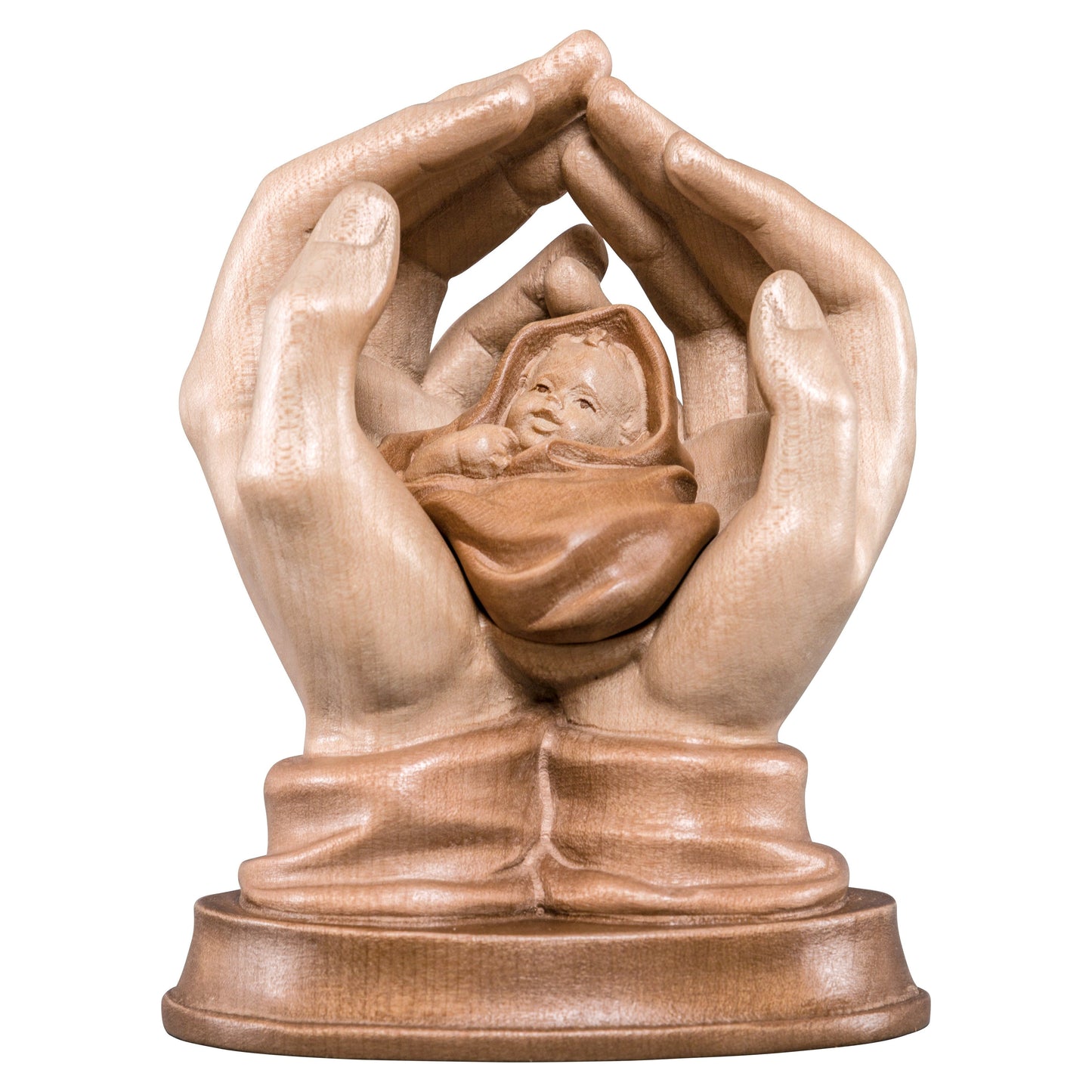 Mondo Cattolico Glossy / 8 cm (3.1 in) Wooden statue of Protecting hands with baby