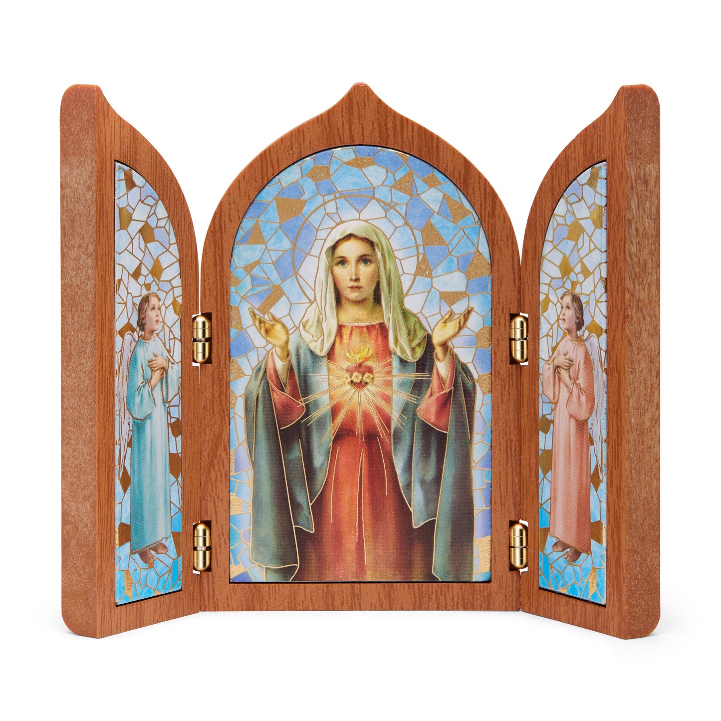 MONDO CATTOLICO ROMA 10x12 cm (3.94x4.72 in) Wooden Triptych with the Immaculate Heart of Mary and Angels