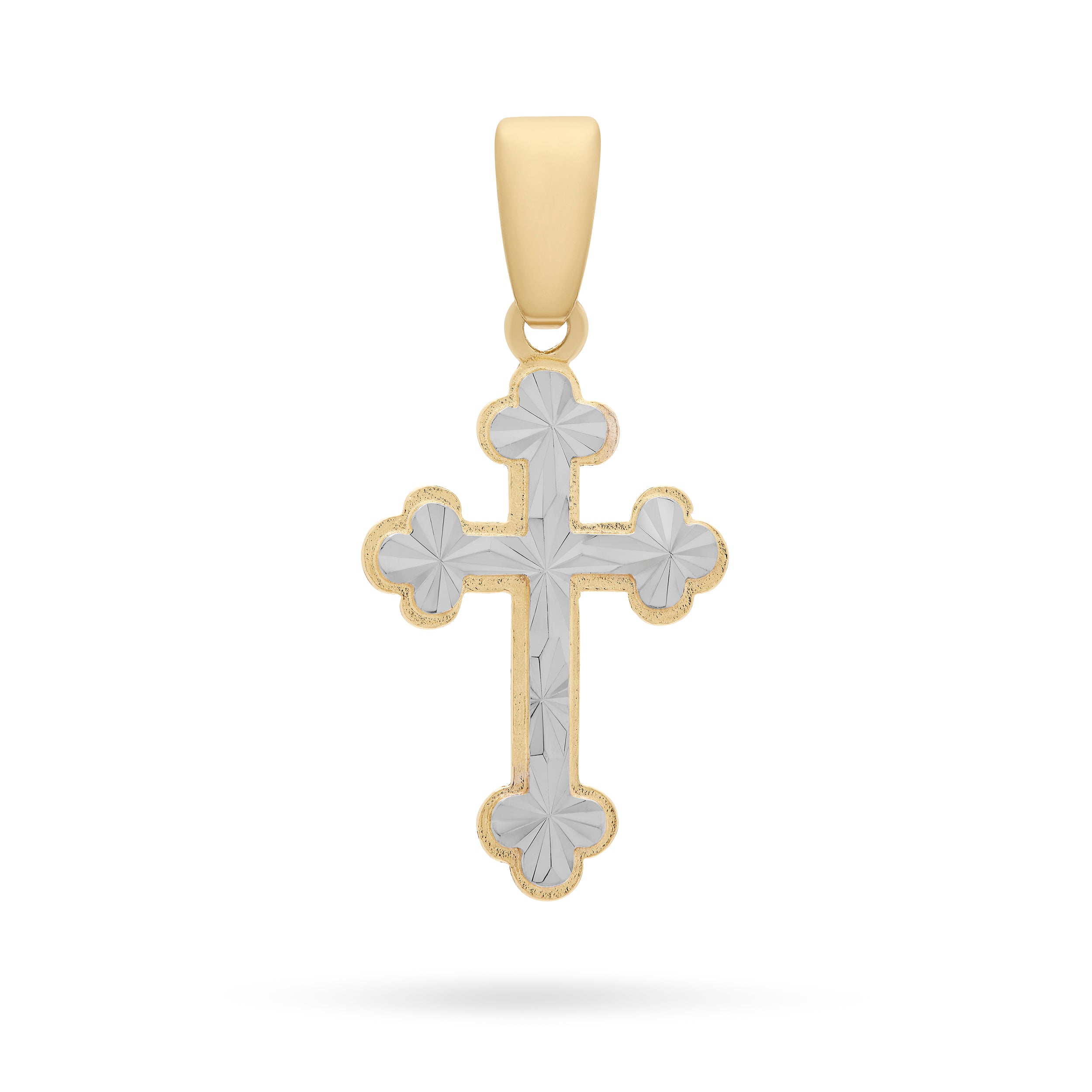 Yellow Gold Budded Cross Pendant With White Gold Worked Center