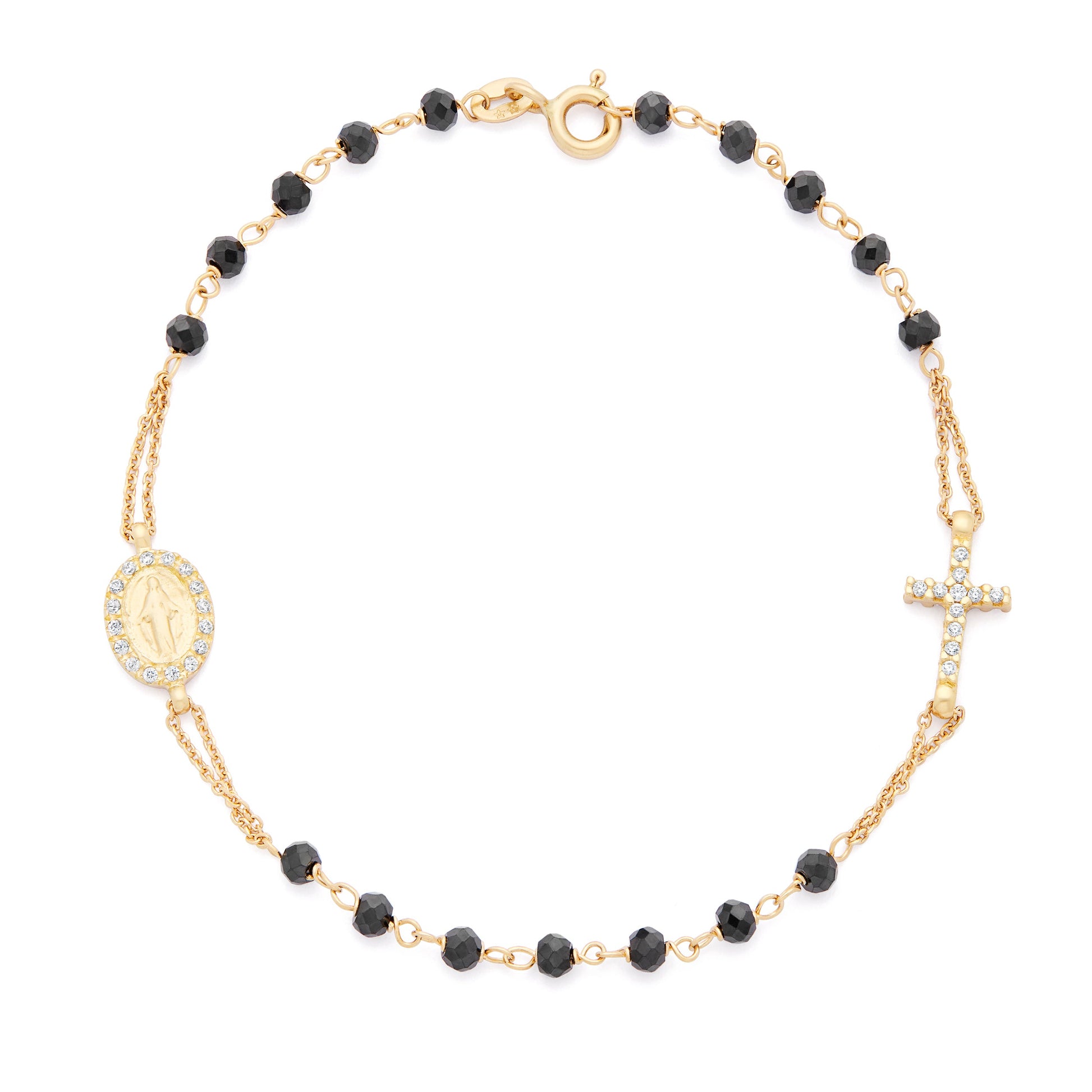 Mondo Cattolico Yellow Gold and Black Beads D&G Bracelet with Miraculous Medal and Cross with Cubic Zirconia