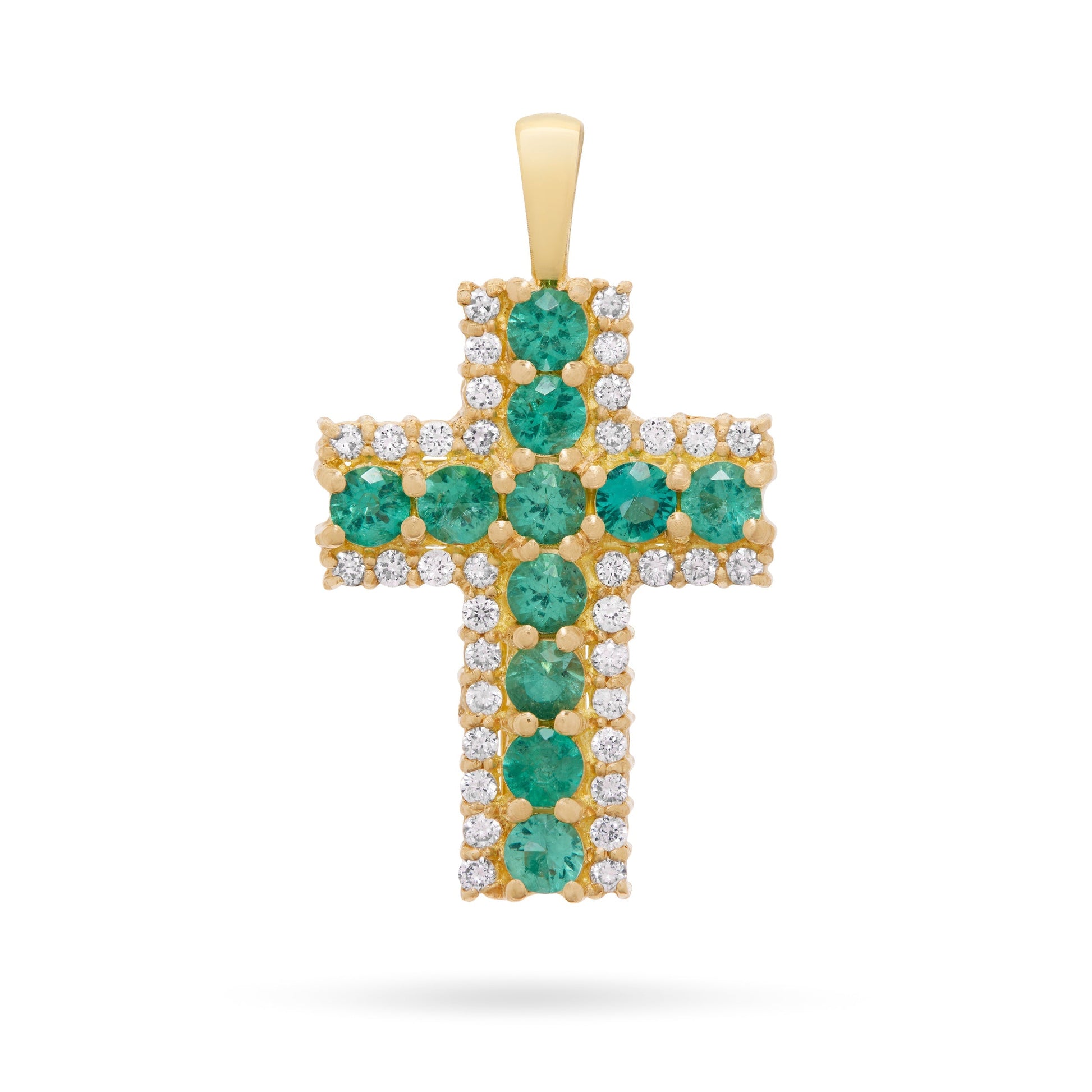 Mondo Cattolico Pendant 13x18 mm (0.51x0.71 in) Yellow Gold Cross Pendant with Central Emeralds and Diamonds