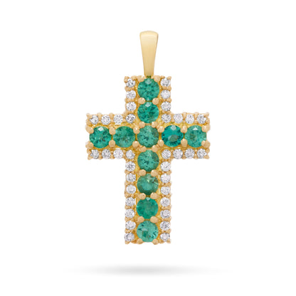 Mondo Cattolico Pendant 13x18 mm (0.51x0.71 in) Yellow Gold Cross Pendant with Central Emeralds and Diamonds