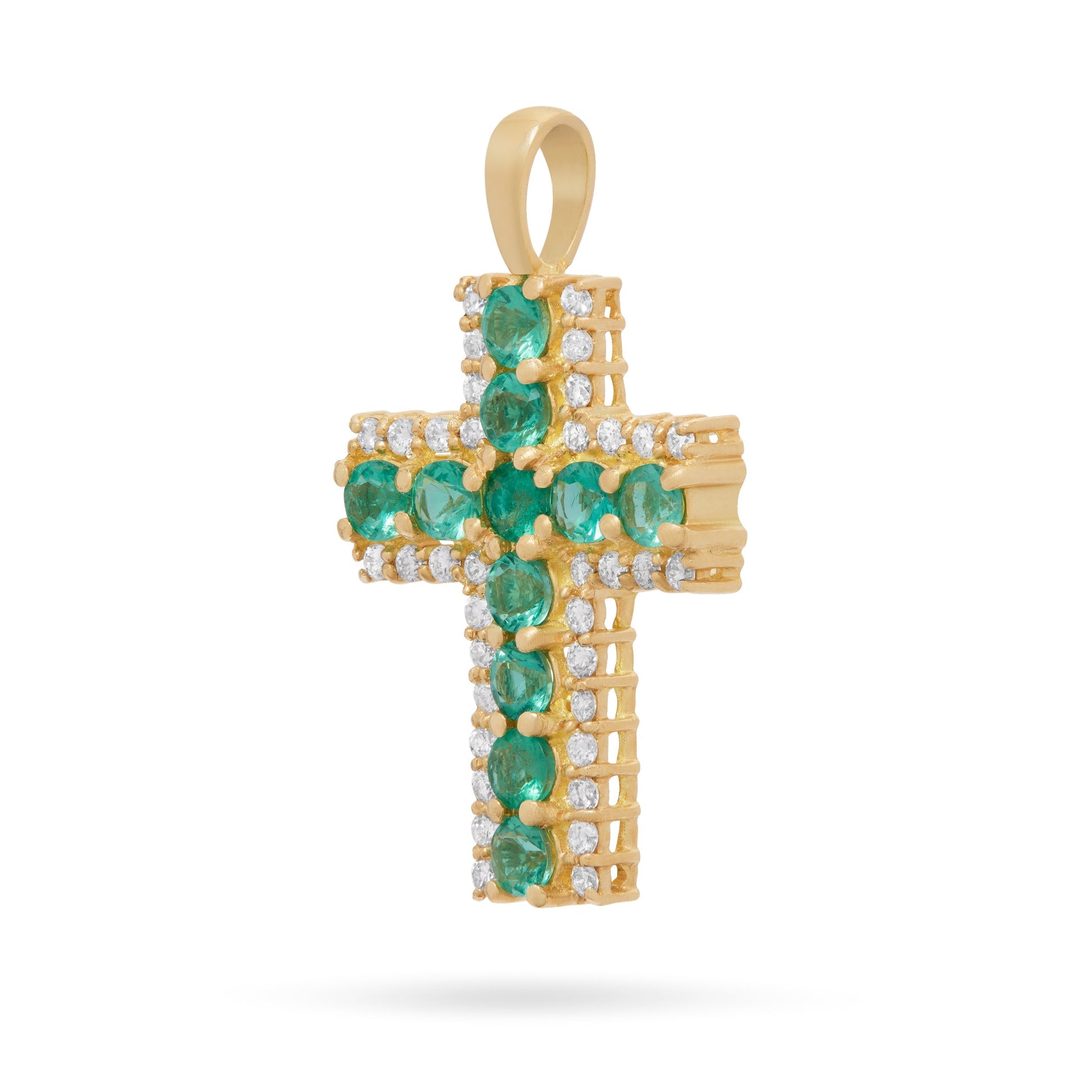 Mondo Cattolico Pendant 13x18 mm (0.51x0.71 in) Yellow Gold Cross Pendant with Central Emeralds and Diamonds