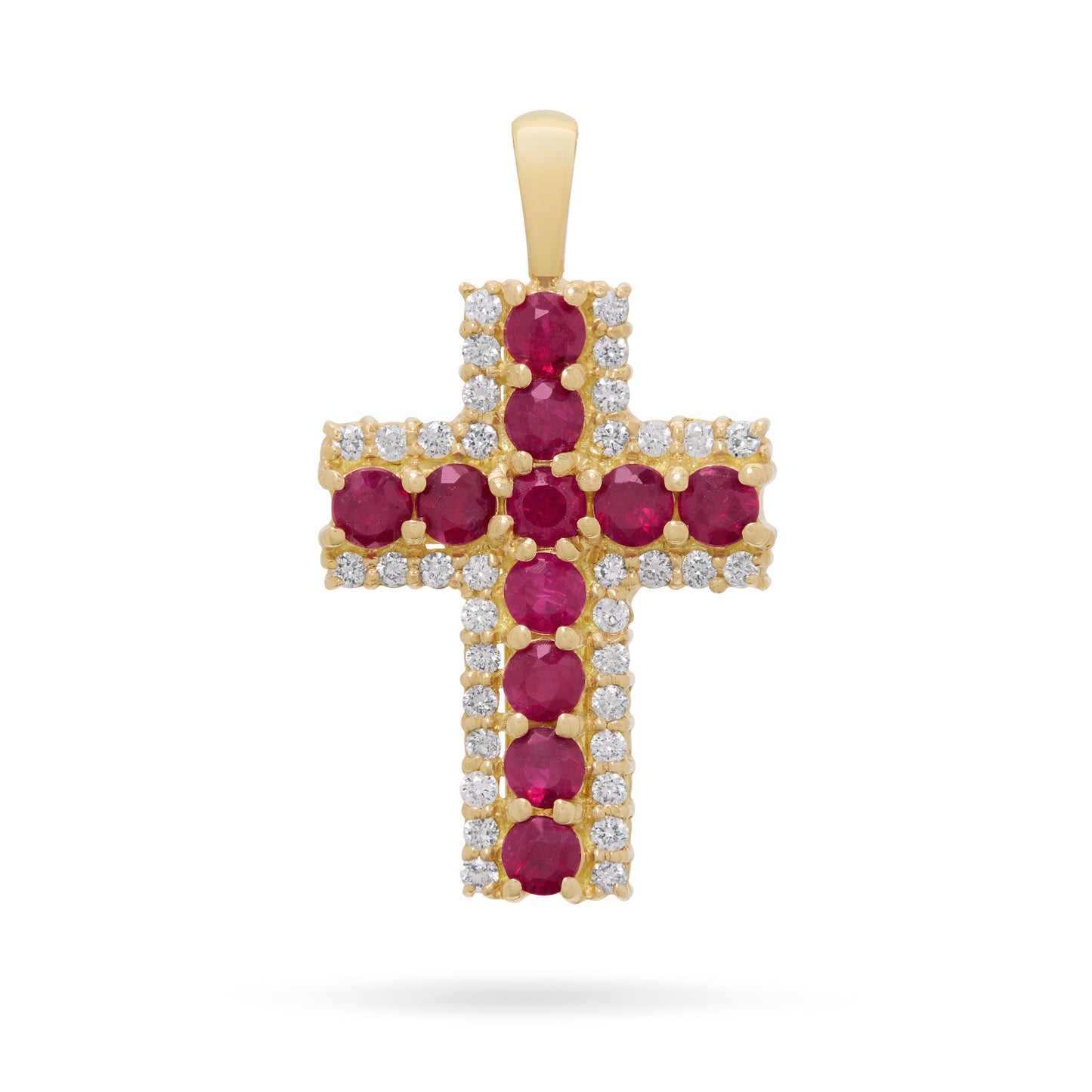 Mondo Cattolico Pendant 13x18 mm (0.51x0.71 in) Yellow Gold Cross Pendant with Central Rubies and Diamonds