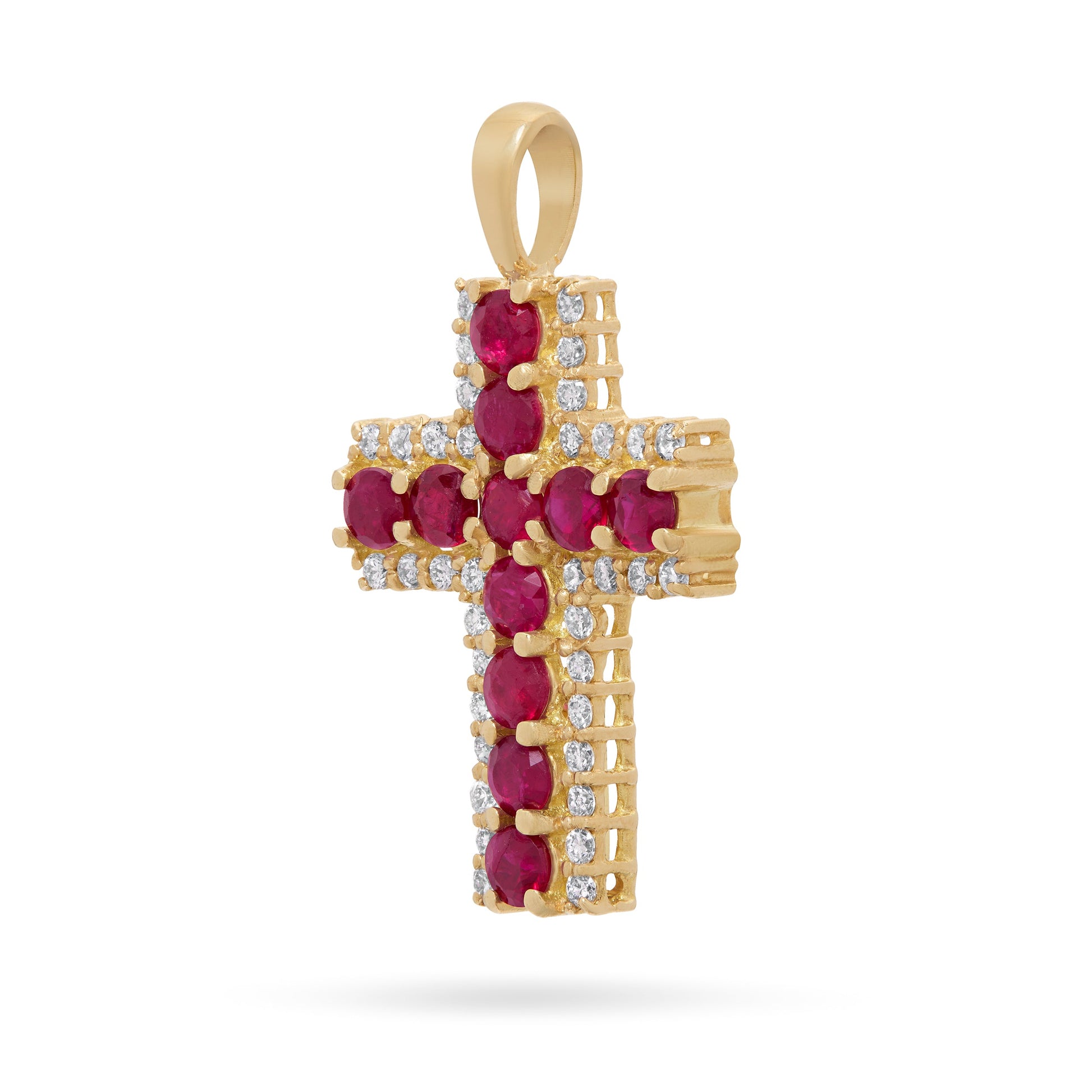 Mondo Cattolico Pendant 13x18 mm (0.51x0.71 in) Yellow Gold Cross Pendant with Central Rubies and Diamonds