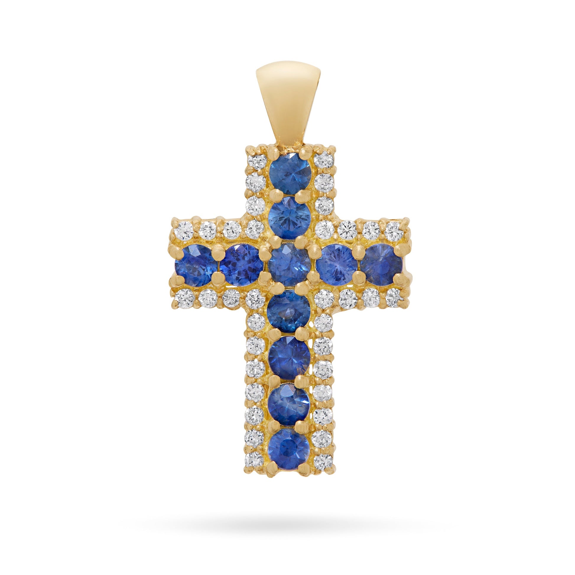 Mondo Cattolico Pendant 13x18 mm (0.51x0.71 in) Yellow Gold Cross Pendant with Central Sapphires and Diamonds