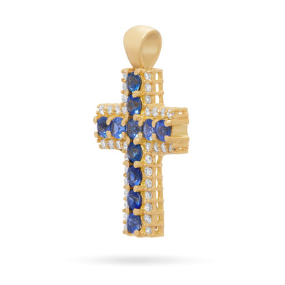 Mondo Cattolico Pendant 13x18 mm (0.51x0.71 in) Yellow Gold Cross Pendant with Central Sapphires and Diamonds