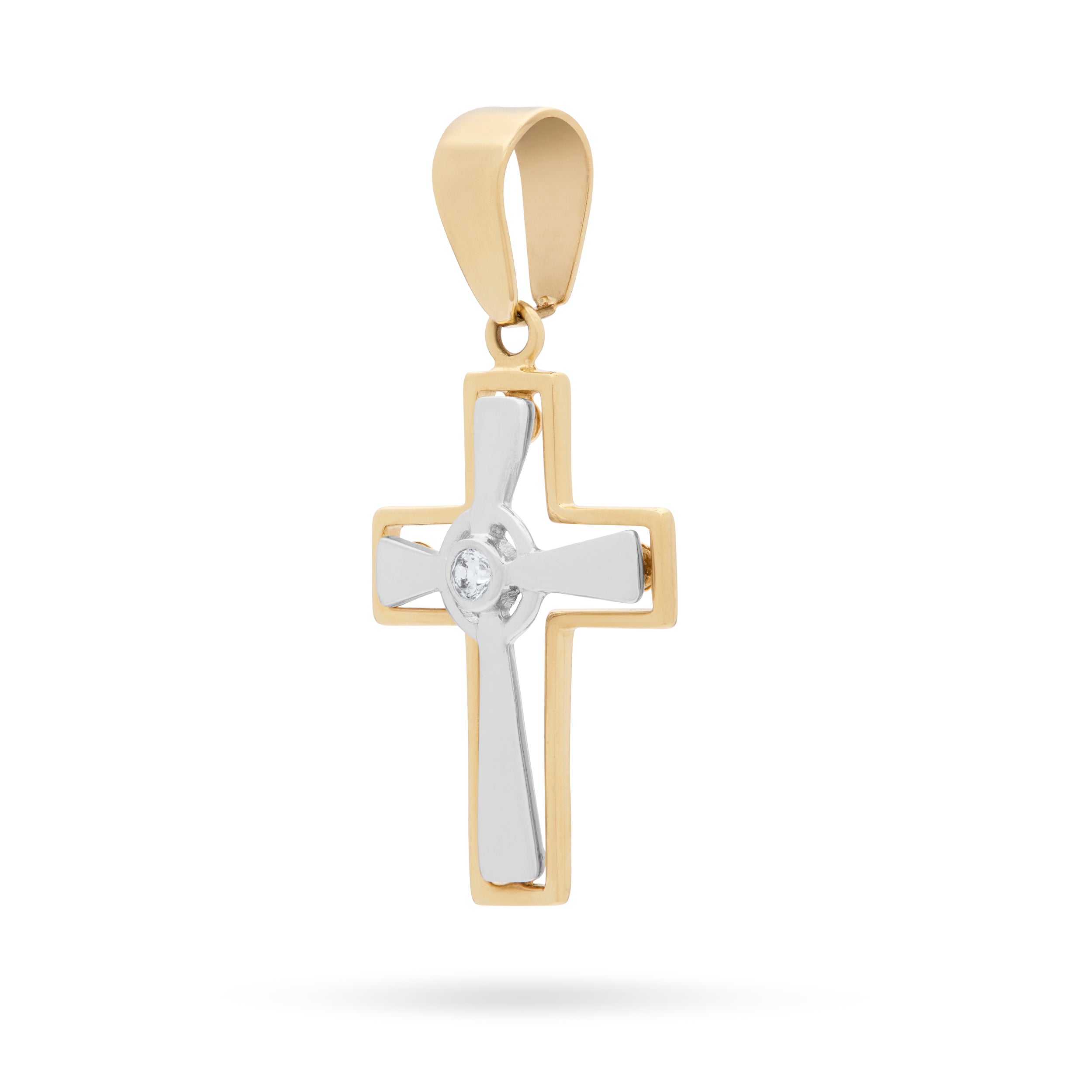 Yellow Gold Hollow Cross Pendant With White Gold Inner Cross and Central  Cubic Zirconia | MONDO CATTOLICO