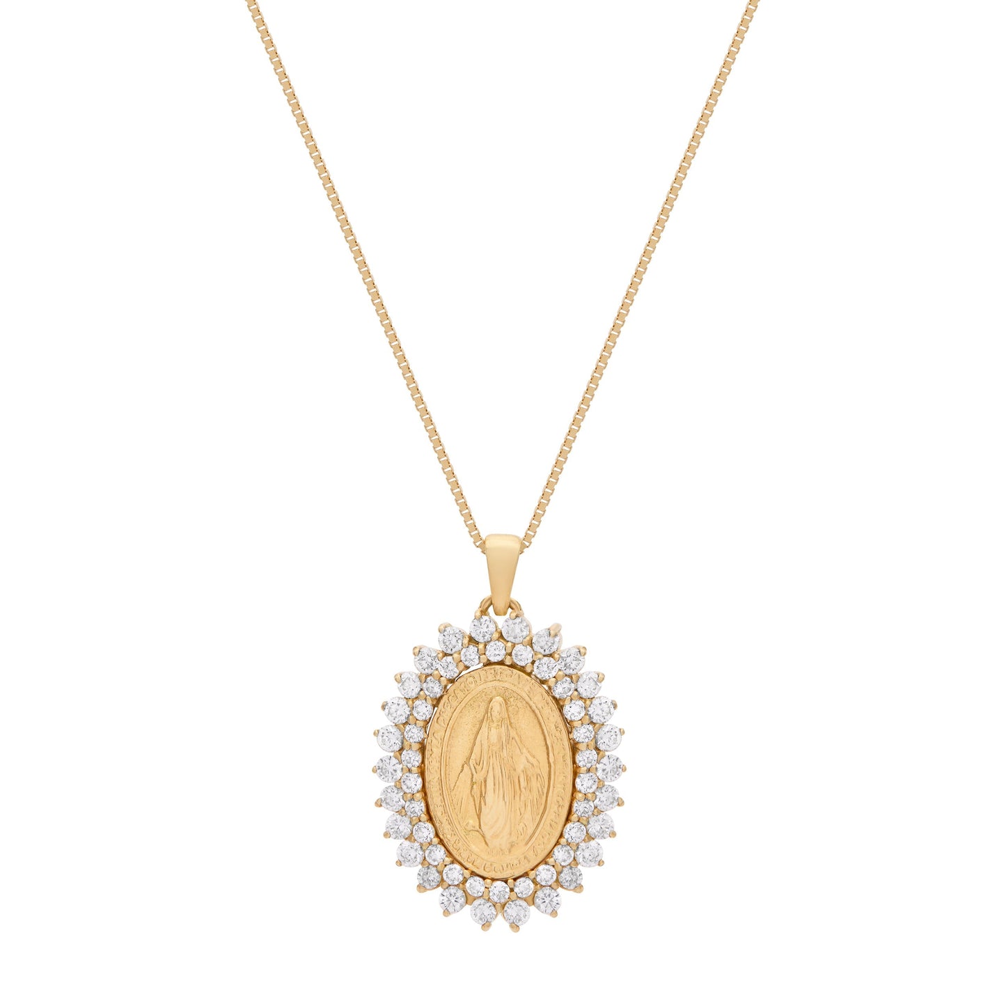 Mondo Cattolico Pendant 13x16 mm (0.51x0.63 in) / 45 cm (17.72 in) Yellow Gold Miraculous Medal with Diamond Frame and Yellow Gold Chain