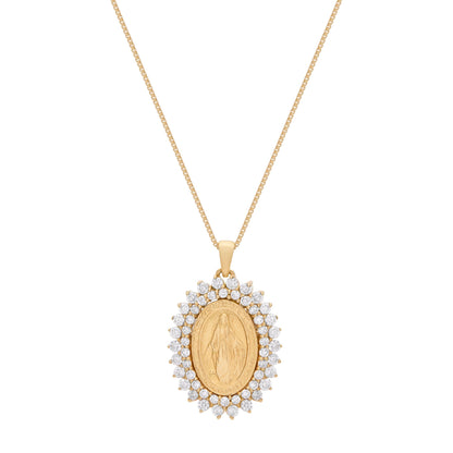 Mondo Cattolico Pendant 13x16 mm (0.51x0.63 in) / 45 cm (17.72 in) Yellow Gold Miraculous Medal with Diamond Frame and Yellow Gold Chain