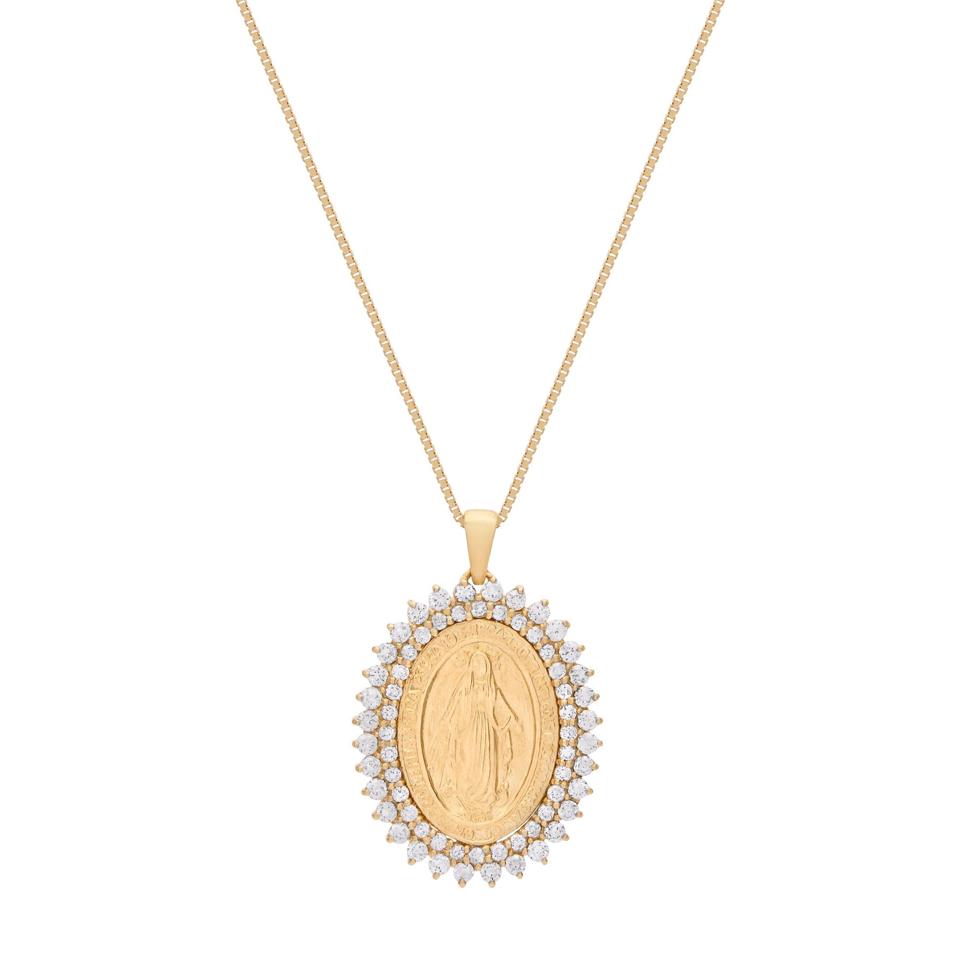 Mondo Cattolico Necklaces 16x20 mm (0.63x0.79 in) / 45 cm (17.72 in) Yellow Gold Miraculous Medal with Diamond Frame and Yellow Gold Chain