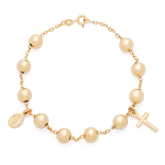 Mondo Cattolico Yellow Gold Rosary Bracelet with Miraculous Medal and Cross Pendants